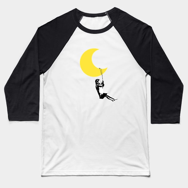 Girl swings under moon Banksy style Baseball T-Shirt by TinusCartoons